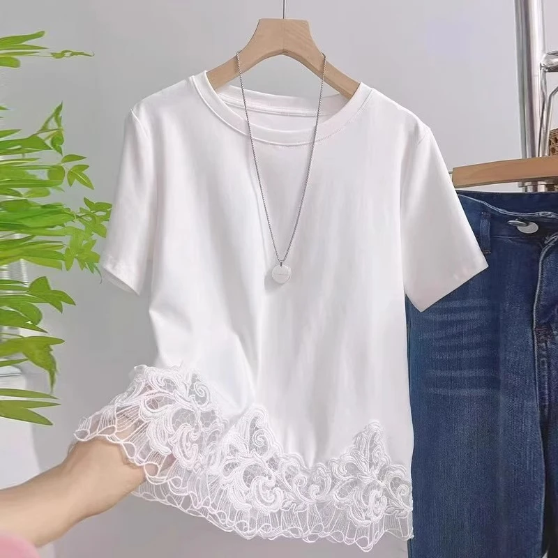 芯娇晴白色蕾丝拼接短袖t恤女装夏季2025新款设计感小衫圆领上衣