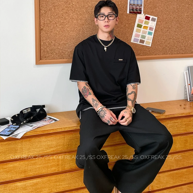 OXFREAK「明线缝针设计」300g重磅短袖t恤男设计感小众圆领半截袖