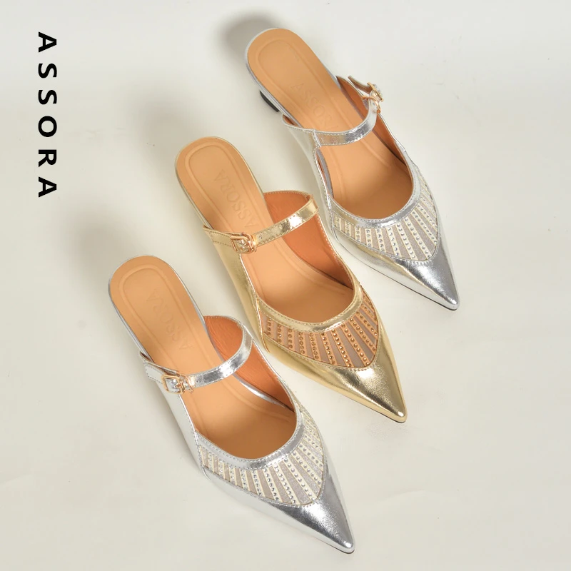 真皮4.5cm网纱镂空水钻外穿包头半拖鞋女夏季尖头气质中高跟凉拖