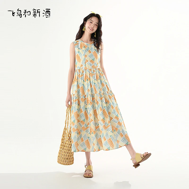 飞鸟和新酒中长款宽松无袖连衣裙夏碎花裙FA530182096