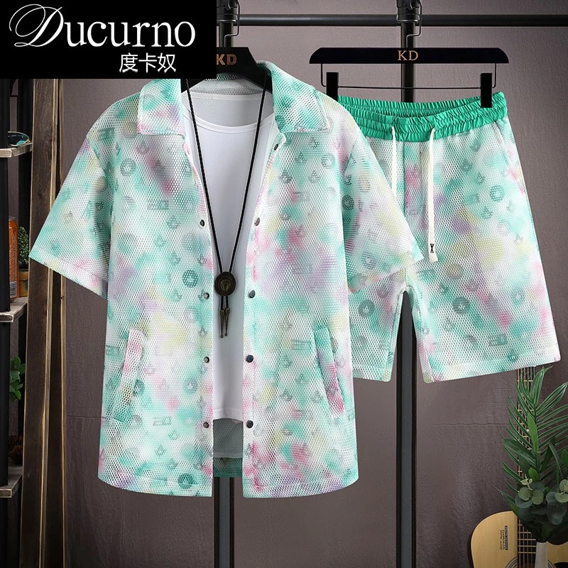 韩版镂空短袖衬衫痞帅夏季薄款休闲衬衣大码网纱透气防晒衣宽松