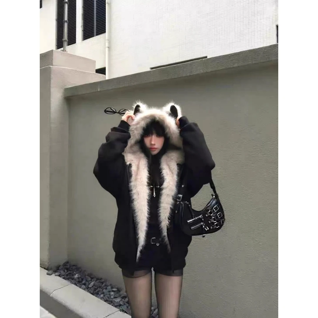 HandSeven美式毛领座山雕猫耳棉服夹克cleanfit复古慵懒棉衣外套