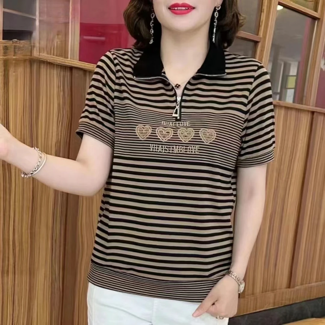时尚高档条纹烫钻妈妈短袖t恤夏季新款宽松显瘦休闲百搭拉链立领