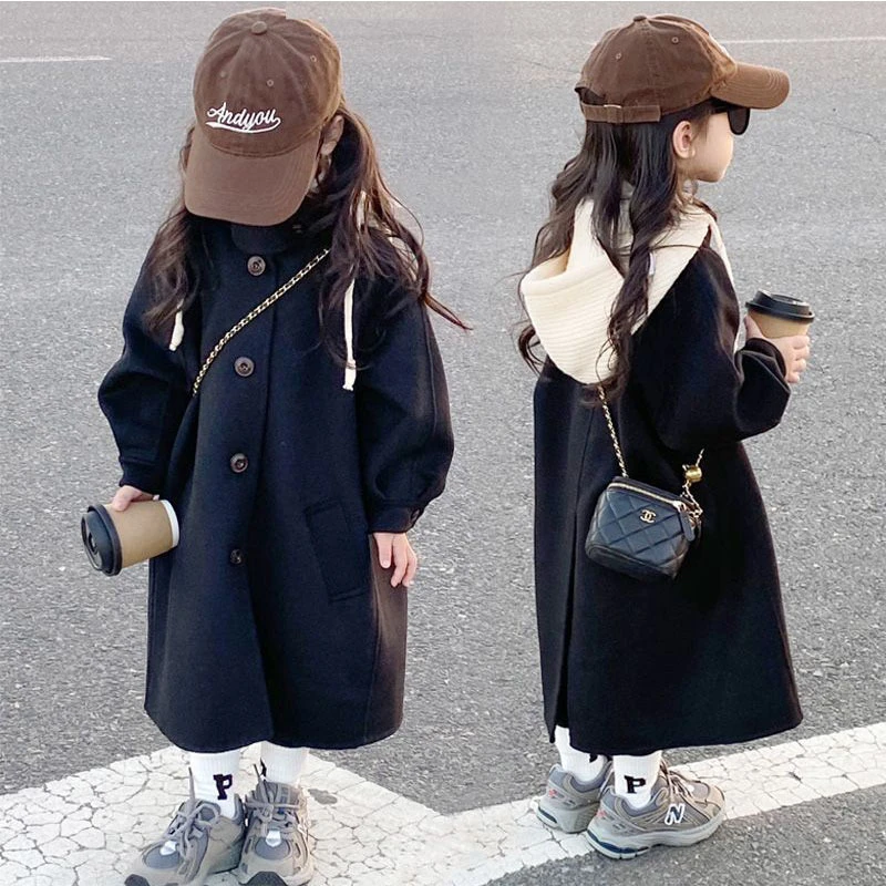 韩系童装新款儿童高端连帽休闲呢大衣女童装高级感韩版中长款外套