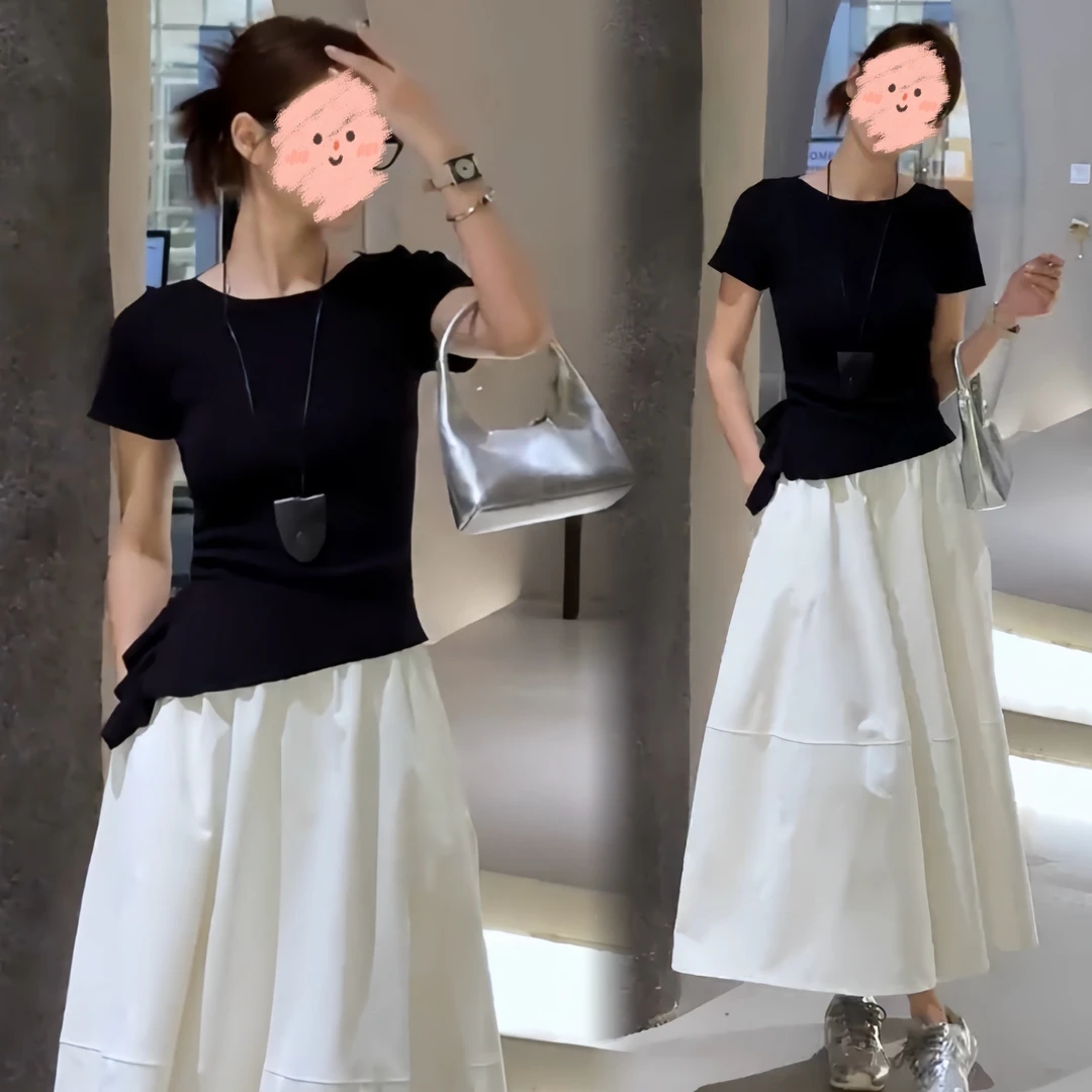 夏季2025新款不规则设计感韩系显瘦上衣黑色短袖女搭配百搭半身裙