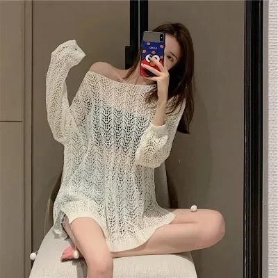 针织衫女款爆款2025新款韩版镂空薄款显瘦上衣女宽松防晒罩衫308