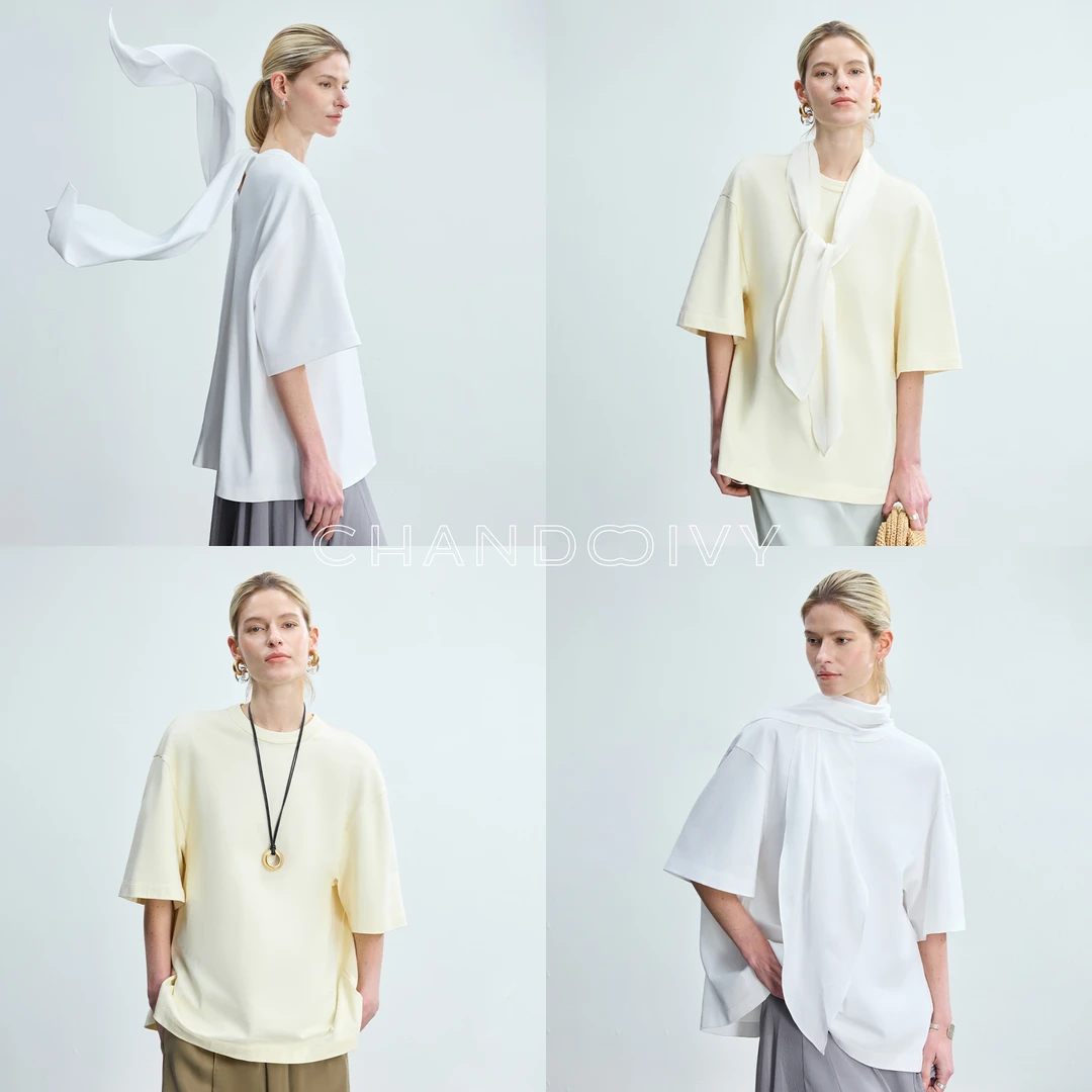 CHANDOOIVY重磅全棉 Daily Luxury多造型飘带领/廓形短袖T恤