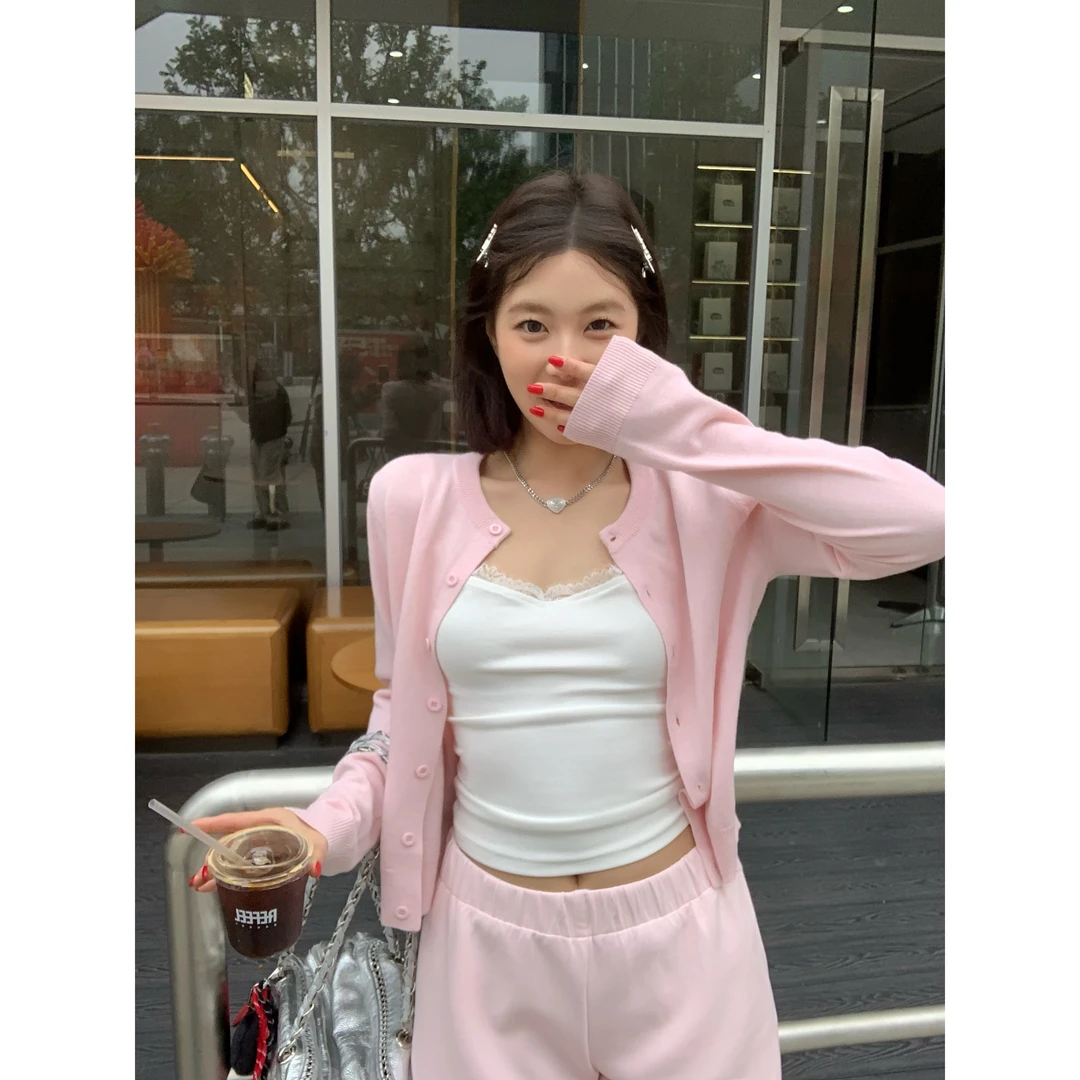 现货【谢不肉】纯色圆领长袖修身显瘦简约百搭短款针织开衫上衣0549