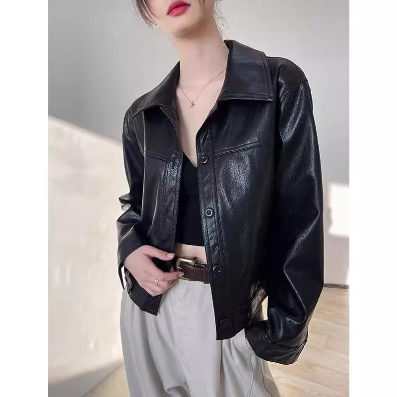 黑色短款皮衣外套女春秋2025新款翻领休闲宽松开衫机车服夹克上衣