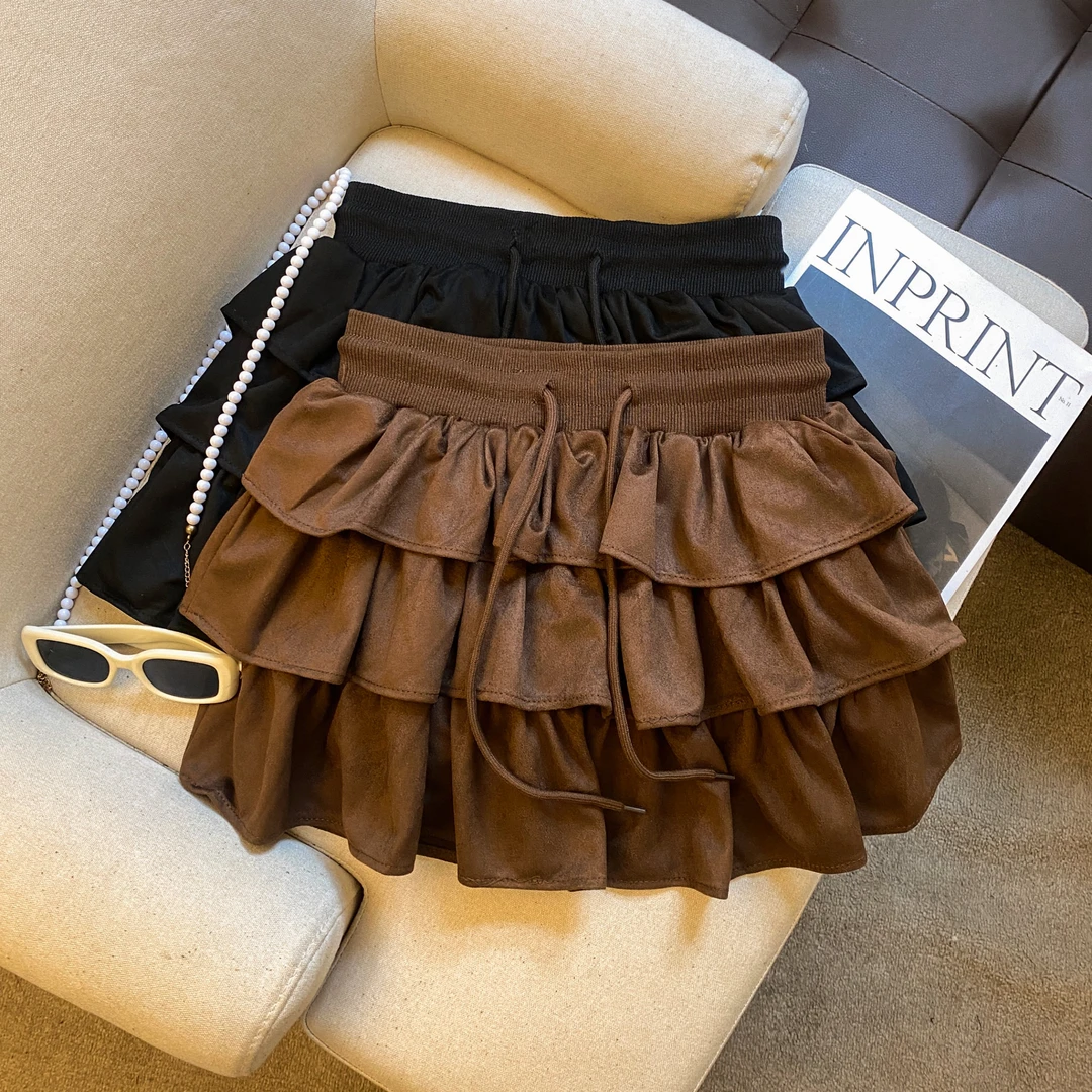 法式气质荷叶边抽绳短裙女2025春秋新款辣妹仿鹿皮绒半身裙蛋糕裙