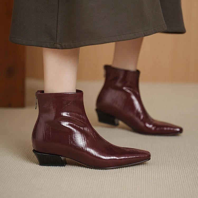 牛皮~3.5cm中跟粗跟短靴女2025秋冬真皮靴子小方头后拉链百搭裸靴