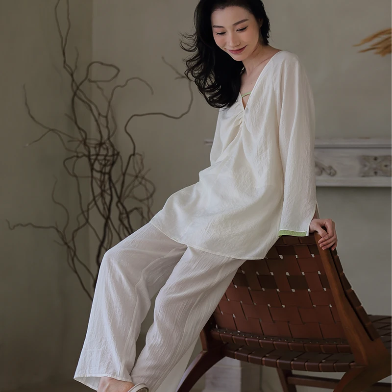 原创新中式简约圆领睡衣薄款宽松长袖套装后背镂空家居服女24051