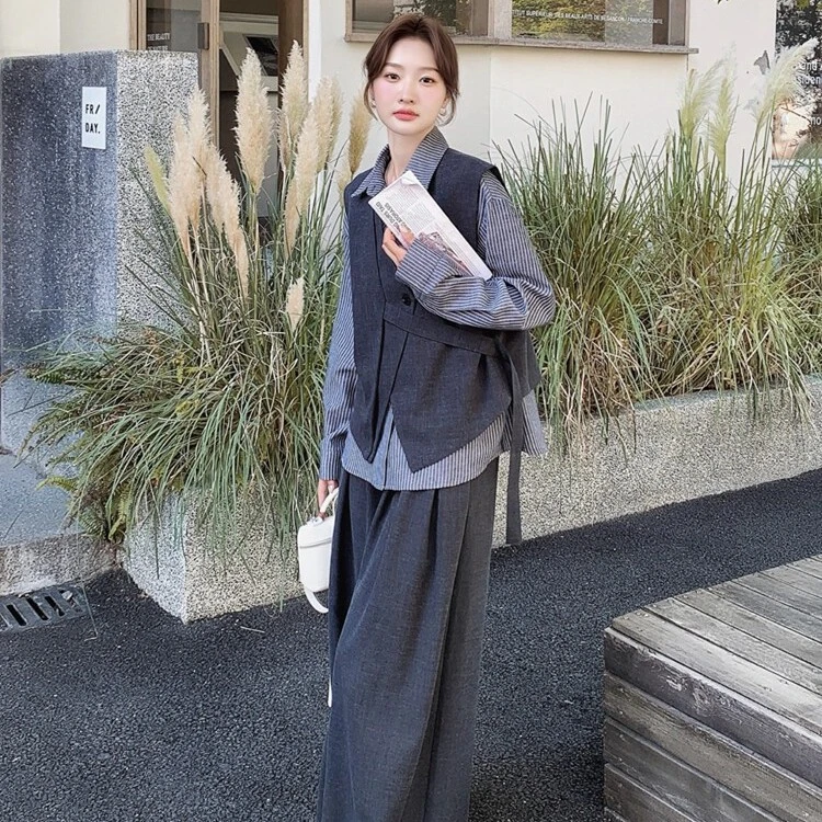 SS2752不规则马甲条纹衬衫阔腿裤套装女松弛感三件套大方得巨好看