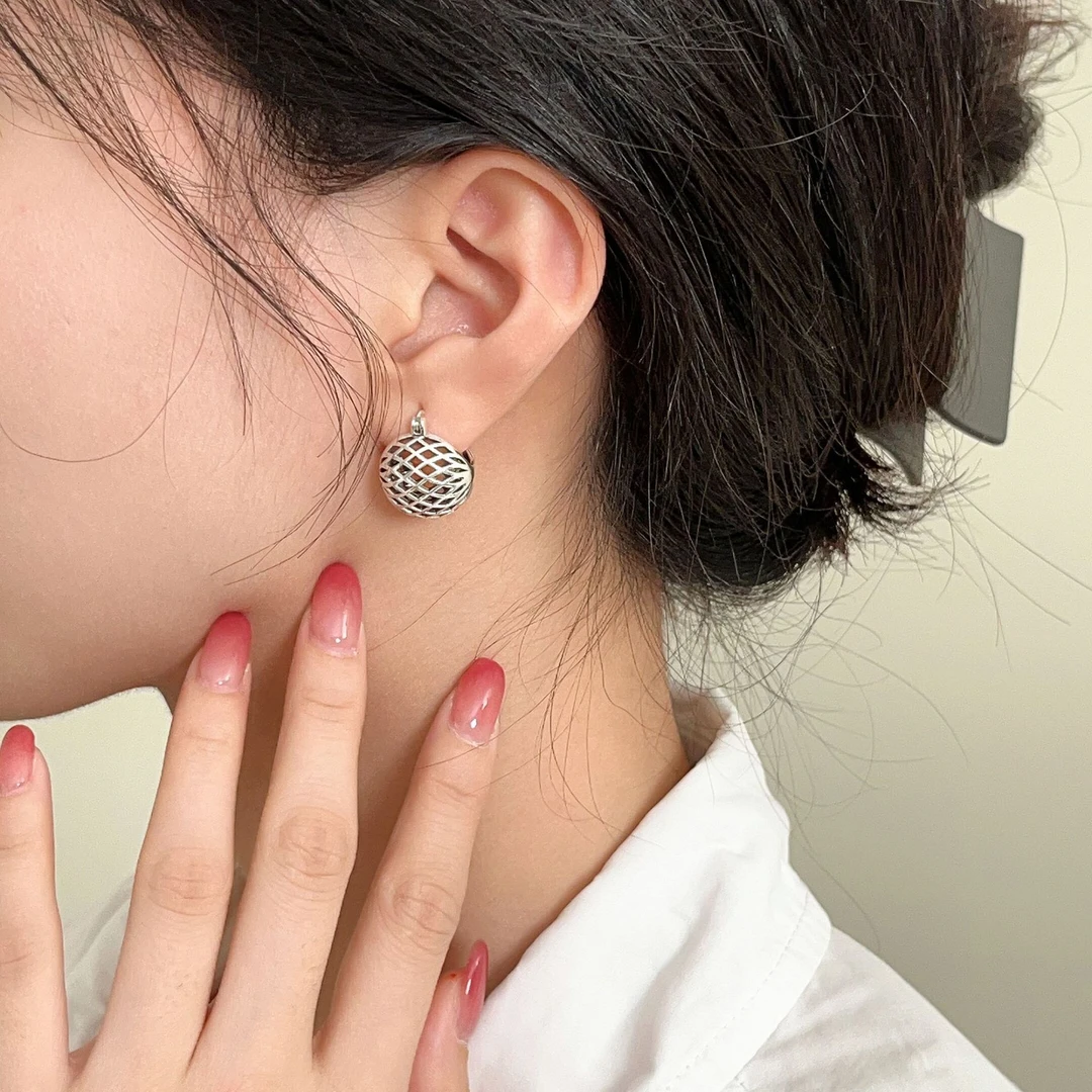 925银耳饰 纯银镂空重工耳扣编织空心球耳饰篮子复古设计感耳环女