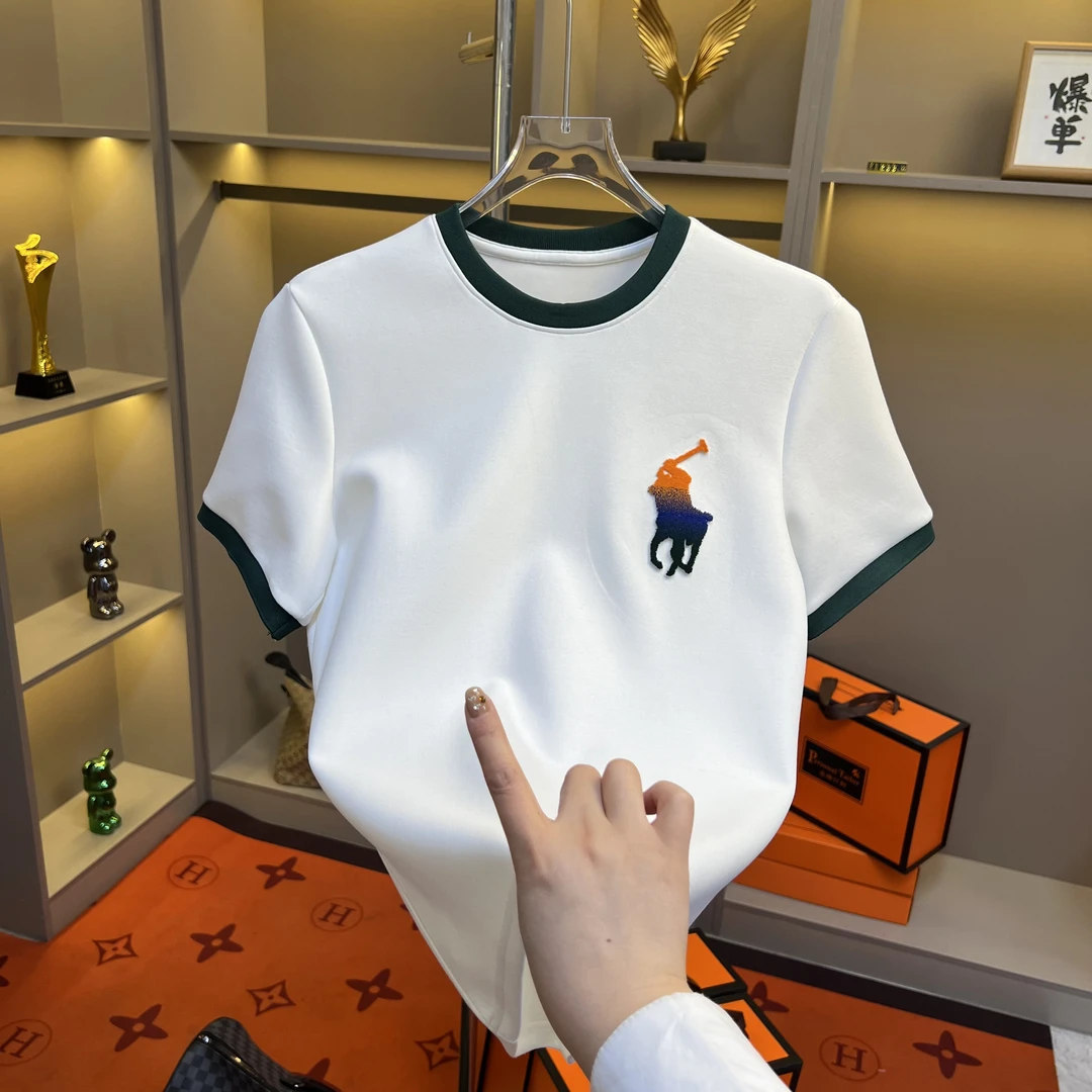 2025夏季新款男士男款休閑黑色半袖修身刺绣圓領設計師9161款-00