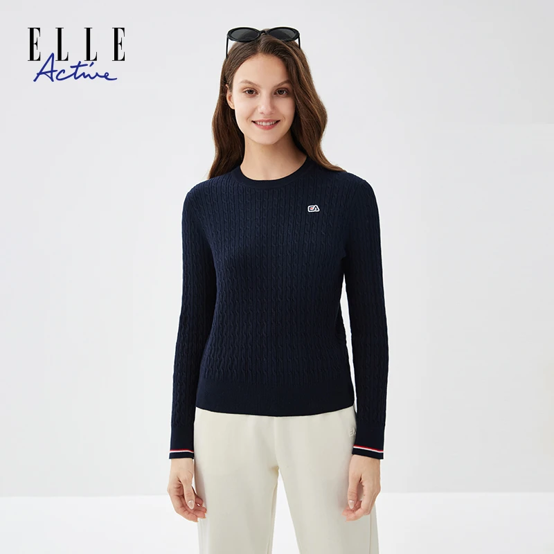 ELLE Active【立体绞花】法式复古长袖针织衫女款圆领轻柔显瘦毛衣