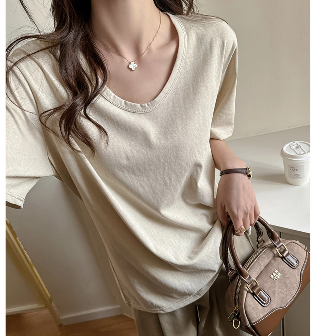 慵懒风女夏季v领竹节棉短袖雪花棉（自留好穿）