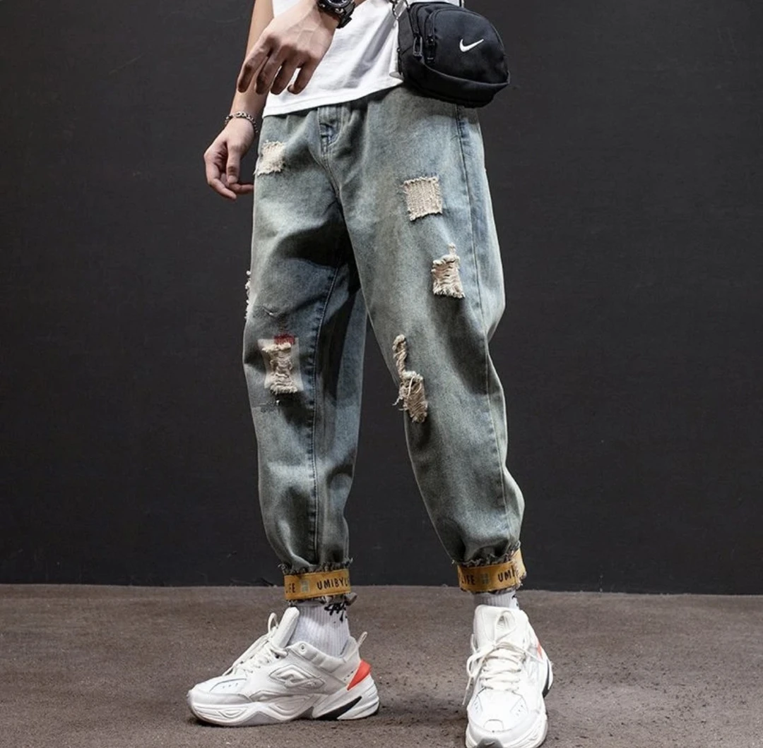 牛仔裤束脚裤复古春夏哈伦裤微弹力补丁拉链九分裤10