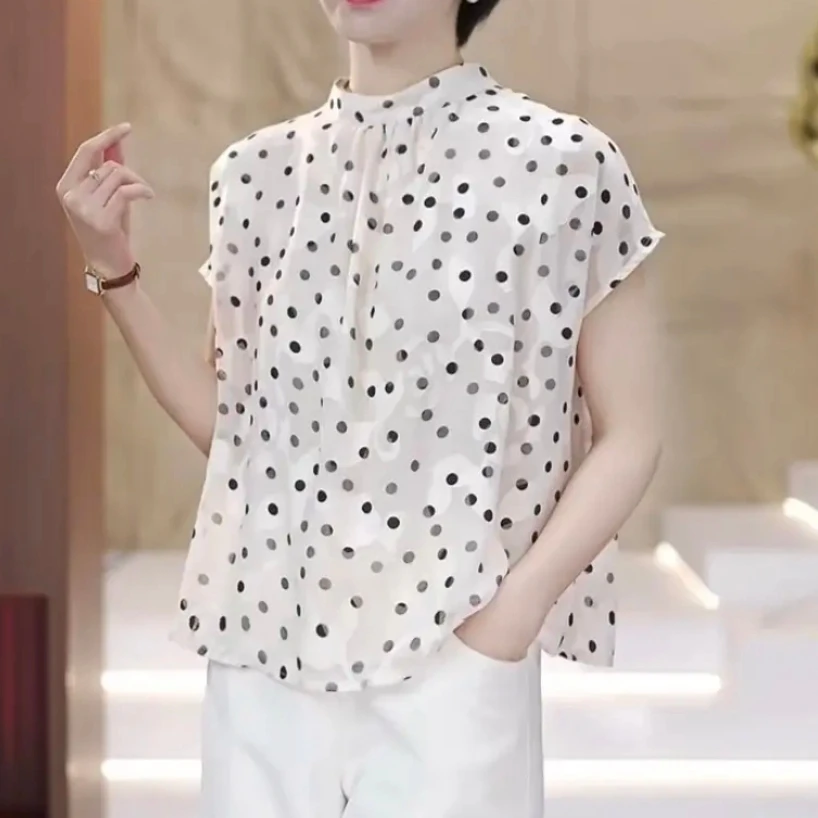 黑色立领波点衬衫女士2025夏季洋气减龄宽松显瘦轻奢小衫别致上衣