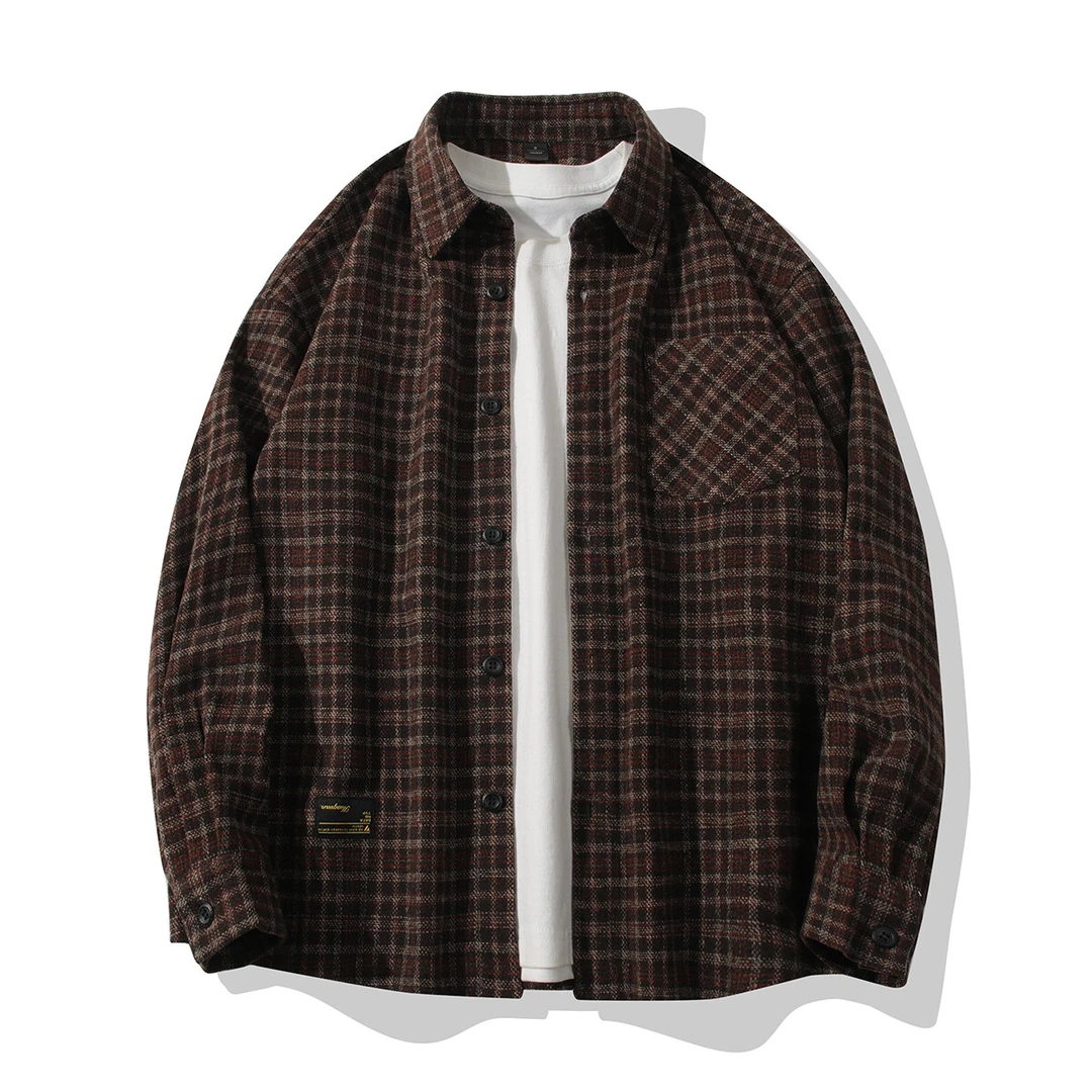 复古格子长袖拼色衬衫男士春秋重磅情侣宽松时尚百搭外穿衬衣外套