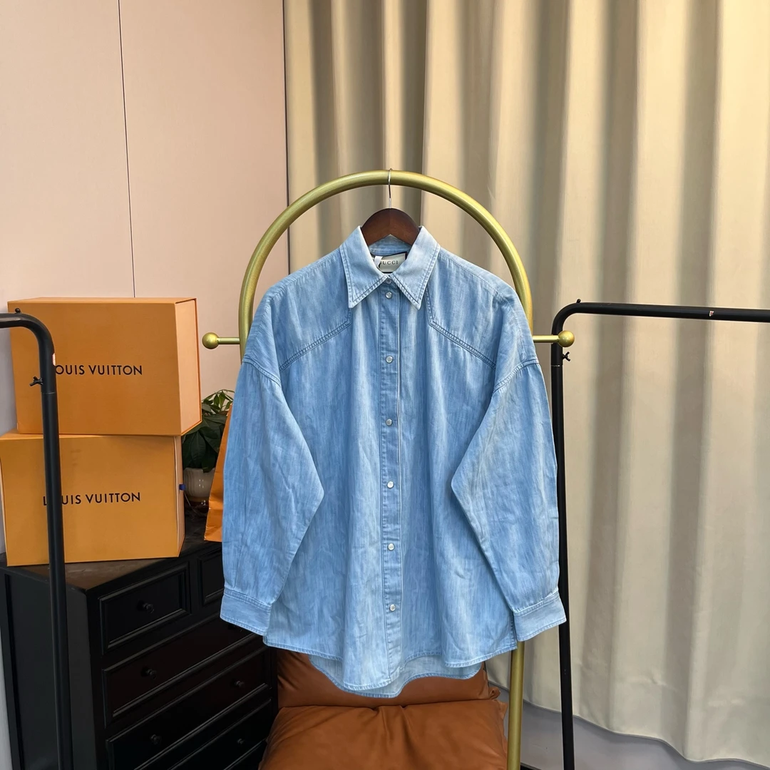 99新 GUCCI/古驰 梅芙 彩虹Logo豹子刺绣牛仔长袖衬衫 40码