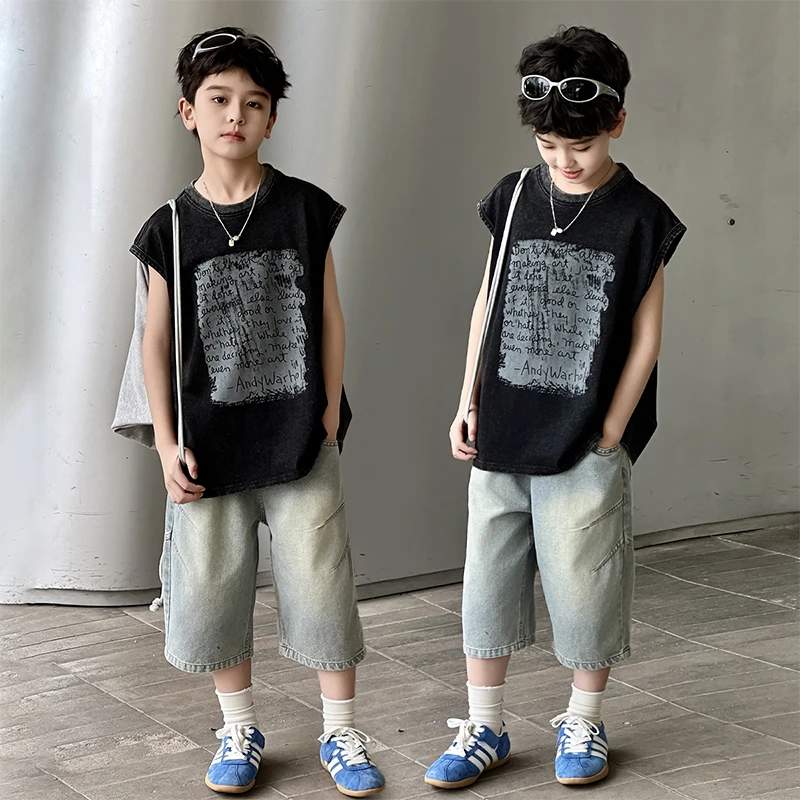 童装夏季无袖运动字母晕染背心印花夏季时尚潮牌休闲背心百搭潮酷