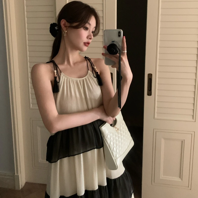 新中式流苏系带名媛气质吊带连衣裙女S0955