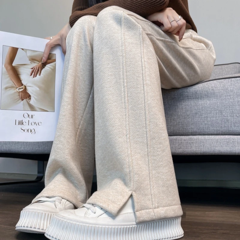 人字纹窄版阔腿裤女高腰垂感宽松大码显瘦休闲直筒裤秋冬款毛呢裤