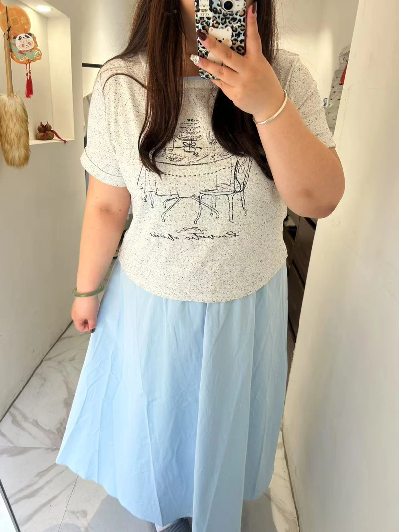 圆领印花短袖森系风拼接网纱夏季时尚大码套装T恤＋半身裙