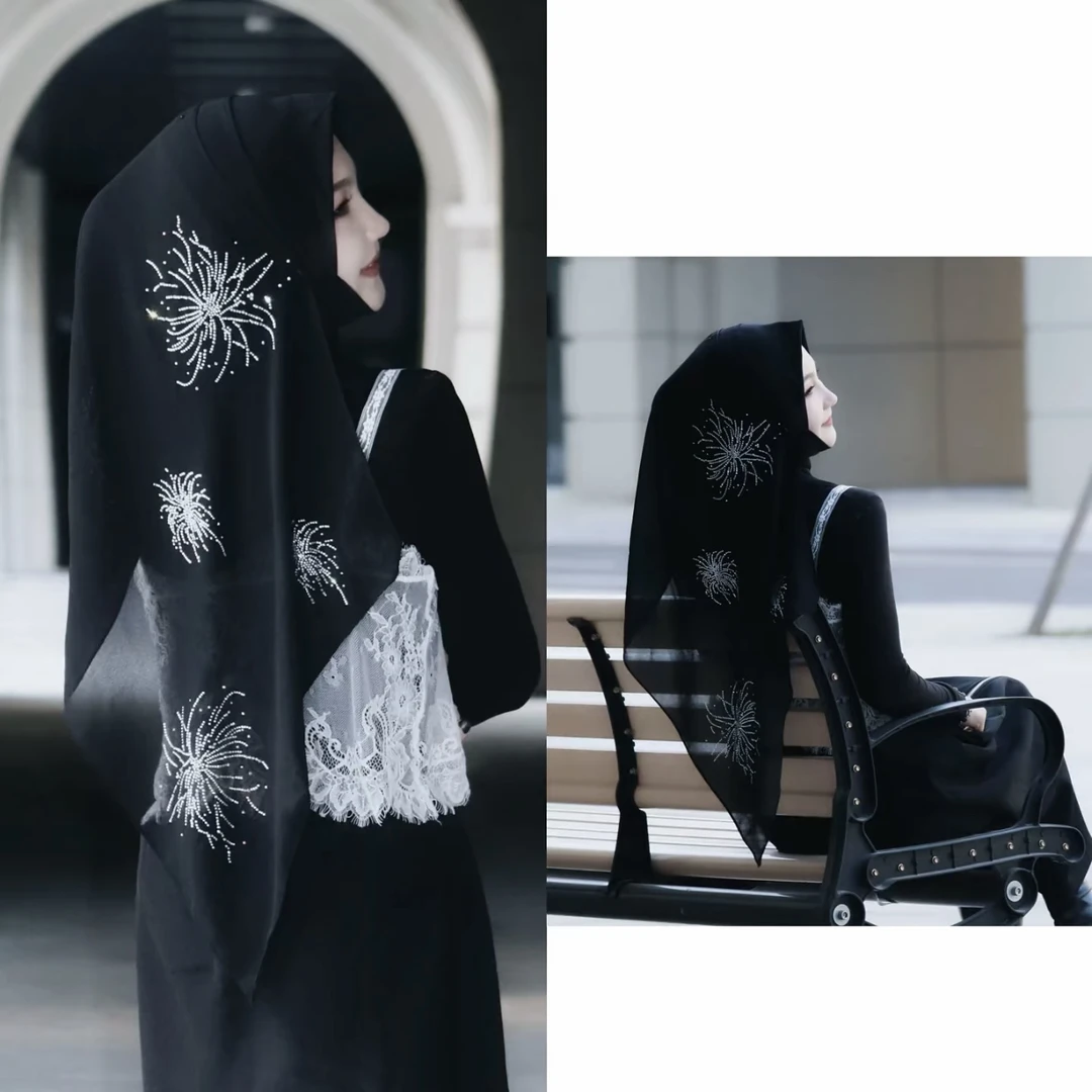 烟花烫钻雪纺拼接水晶麻套头绕巾