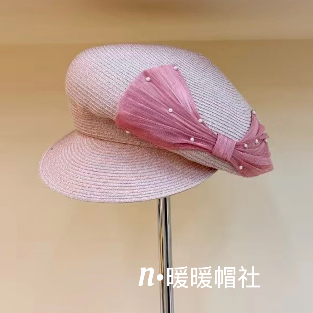 2025新款麻纱蝴蝶结装饰时尚洋气女士贝雷帽鸭舌海军帽夏季百搭
