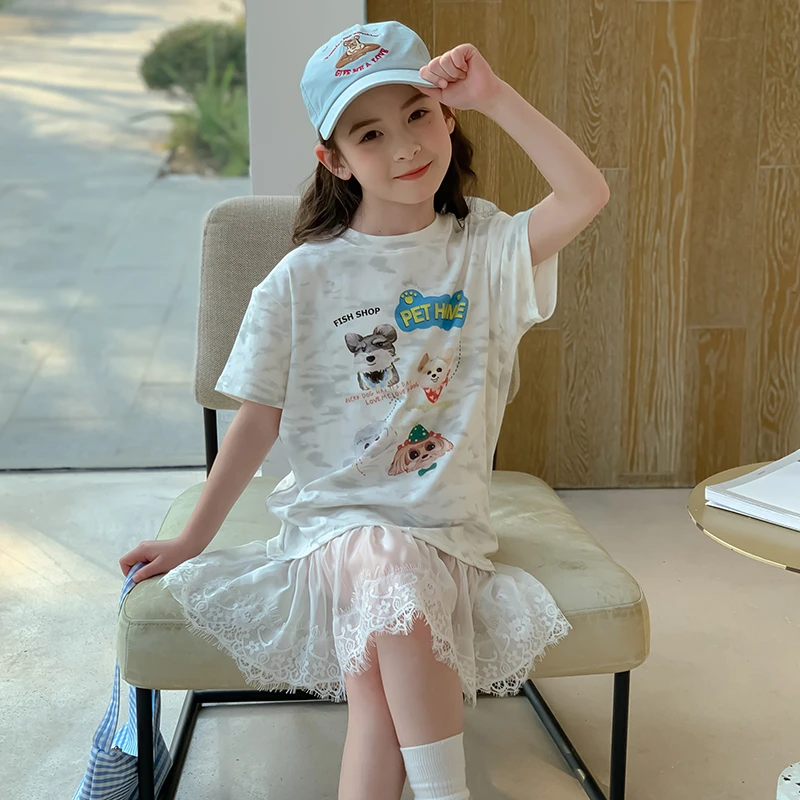 尤画2025夏季新款儿童女童蕾丝小女孩洋气夏装短袖T恤连衣裙68061