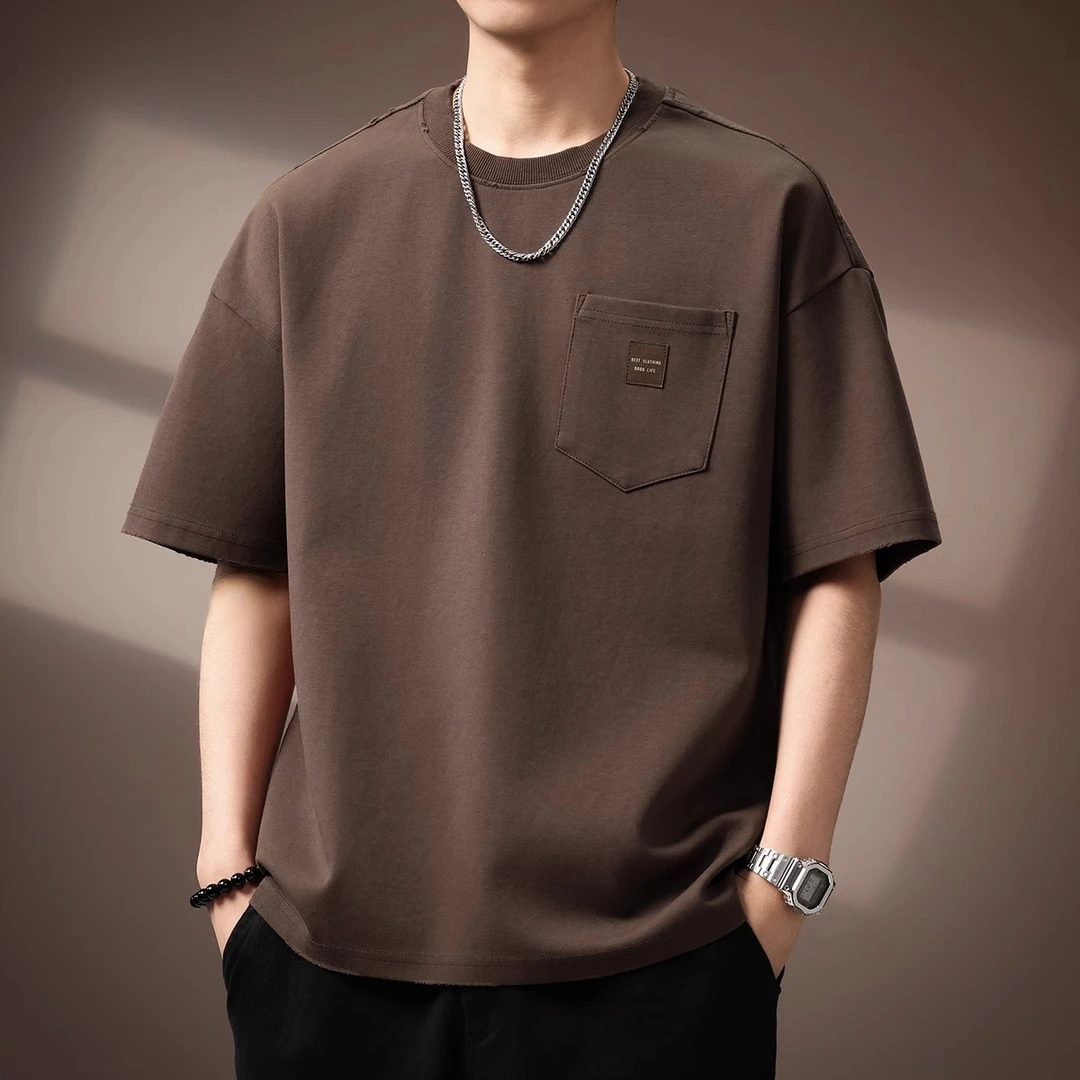 Cebrodz美式重磅简约口袋T恤男夏季潮牌宽松圆领休闲短袖体恤男