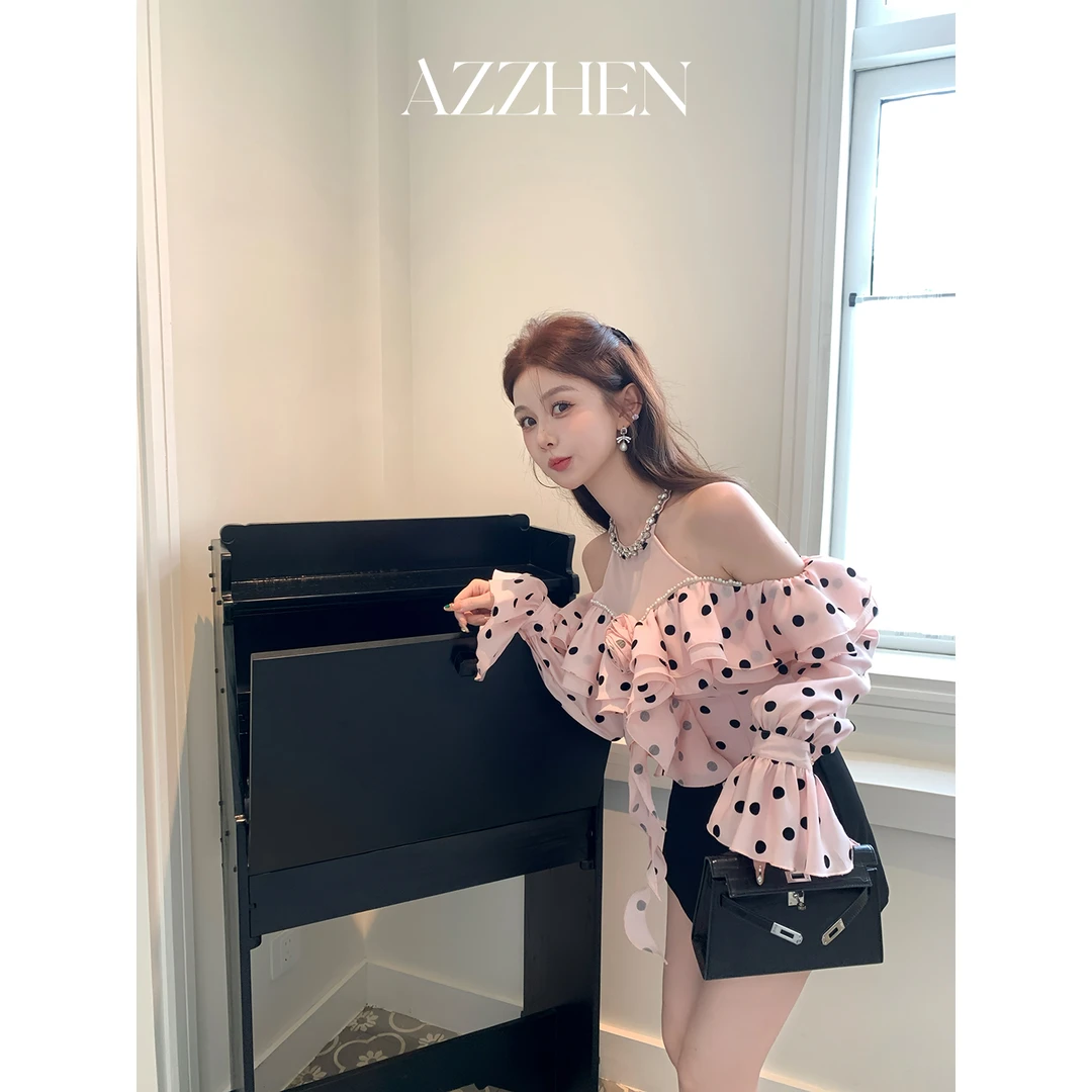 AZZHEN【浪漫波卡尔】水钻植绒波点露肩荷叶边上衣显瘦短款AZ5FSS1