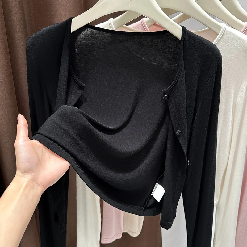 黑色女士长袖针织衫夏季薄款罩衫纯色防晒外套宽松百搭气质上衣潮