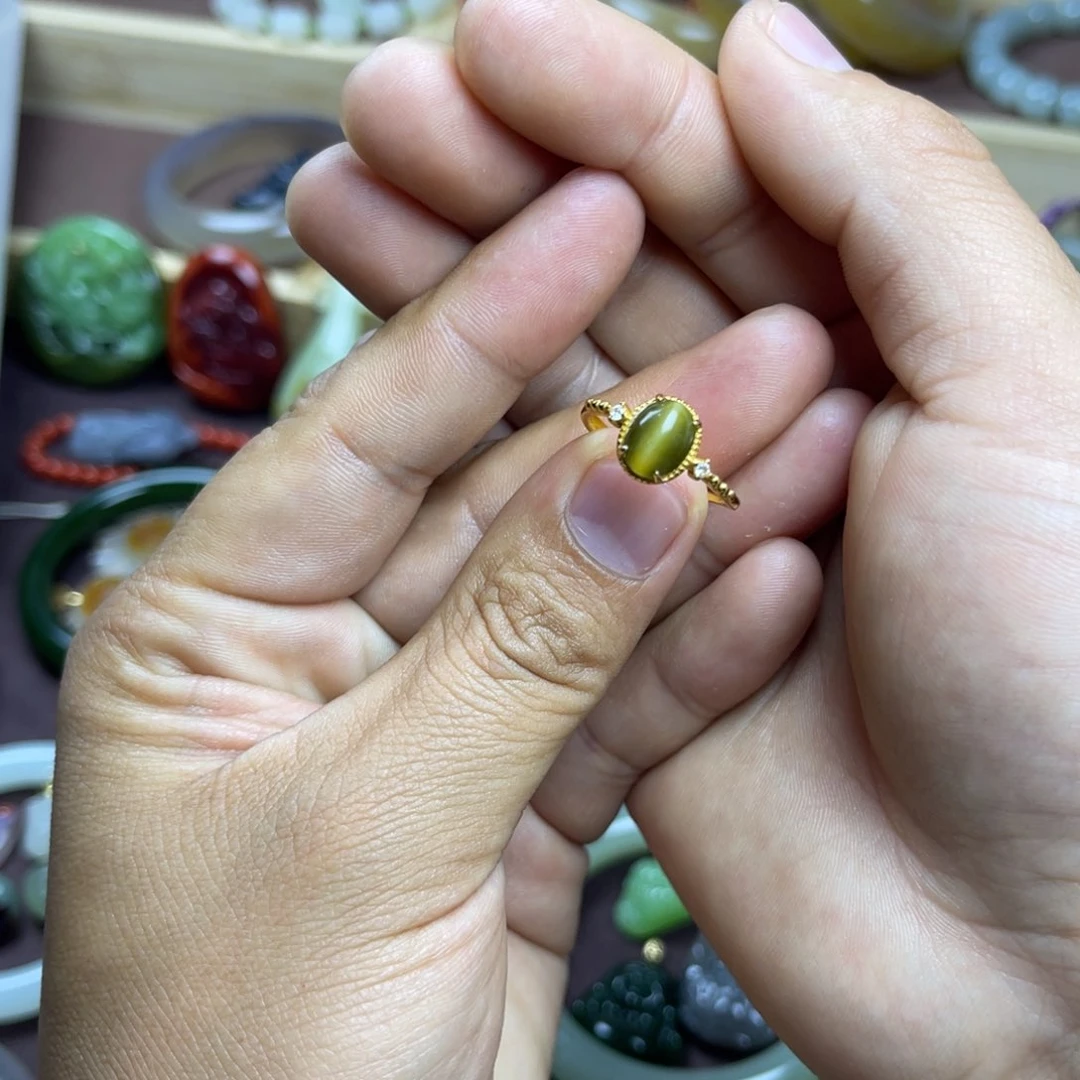 和田玉戒指银S925镀金镶嵌