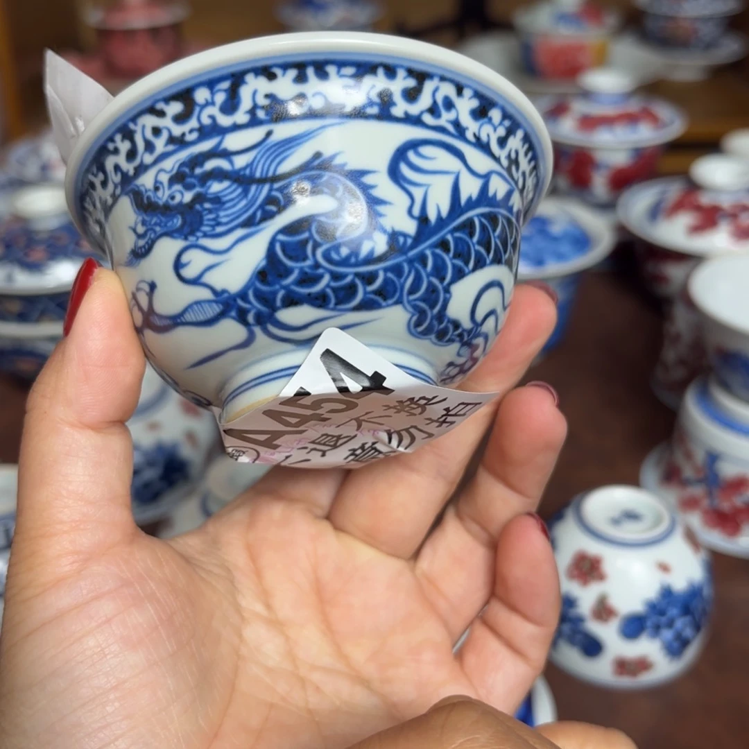 气窑青花手绘元龙压手杯