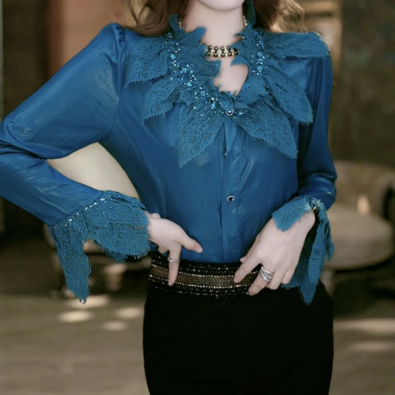 SEJI/瑟纪8.13【香樟珐琅】法式重工气质蓝色上衣