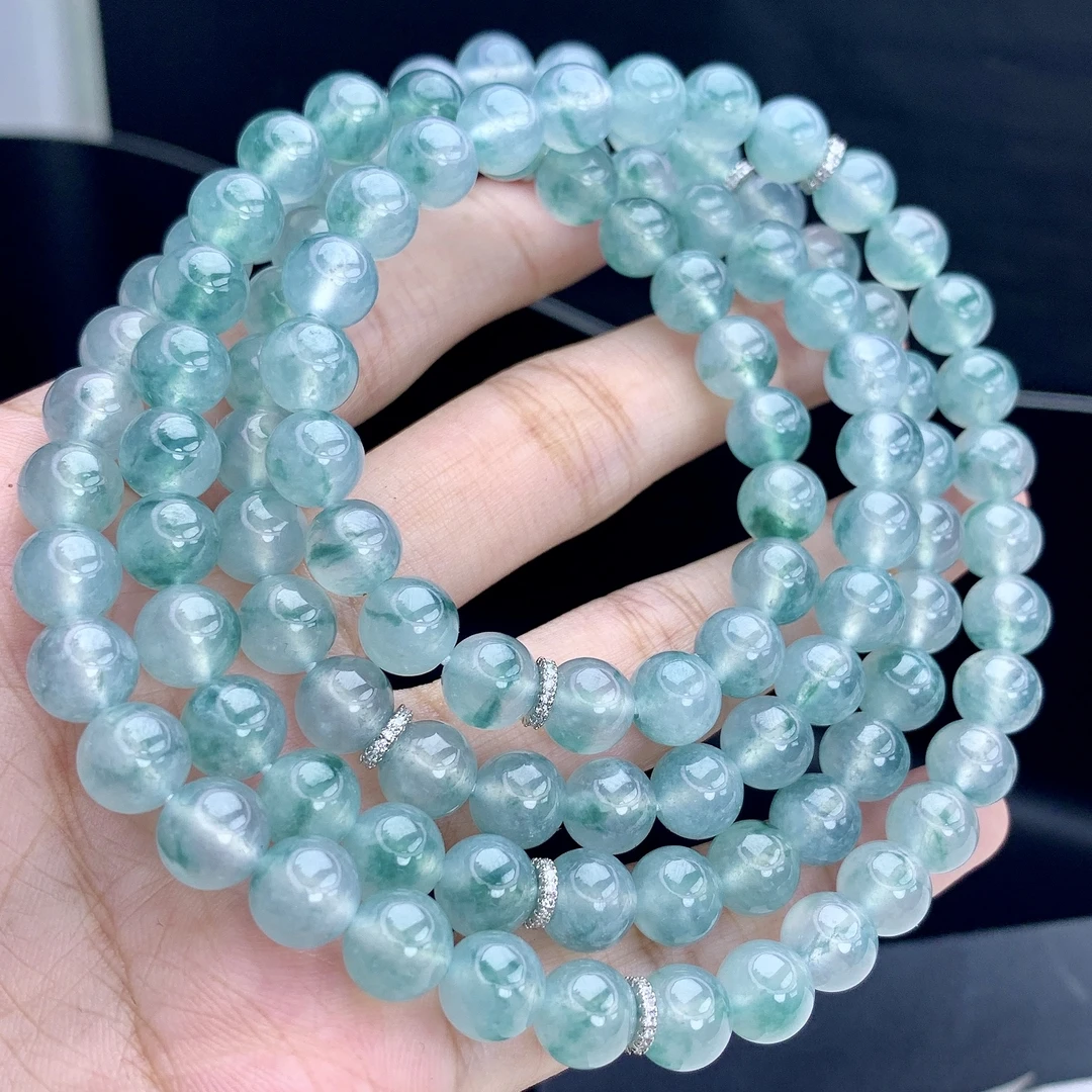 缅甸A货翡翠冰飘蓝花圆珠项链珠链多圈长串5QM2T17卡8.3mm900mm