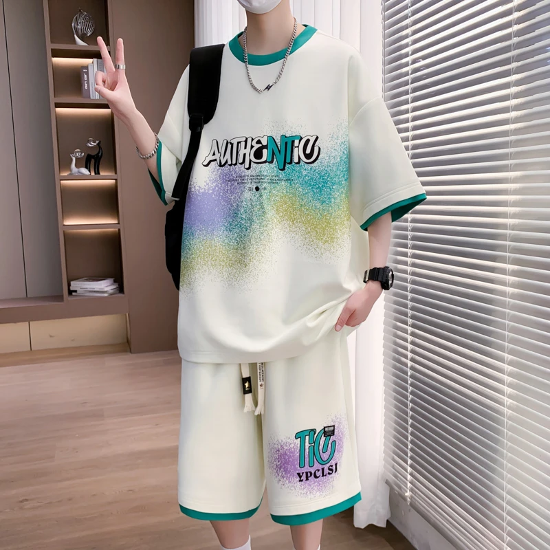 2025夏季新款男士短袖T恤套装港风潮流青少年百搭学生宽松两件套