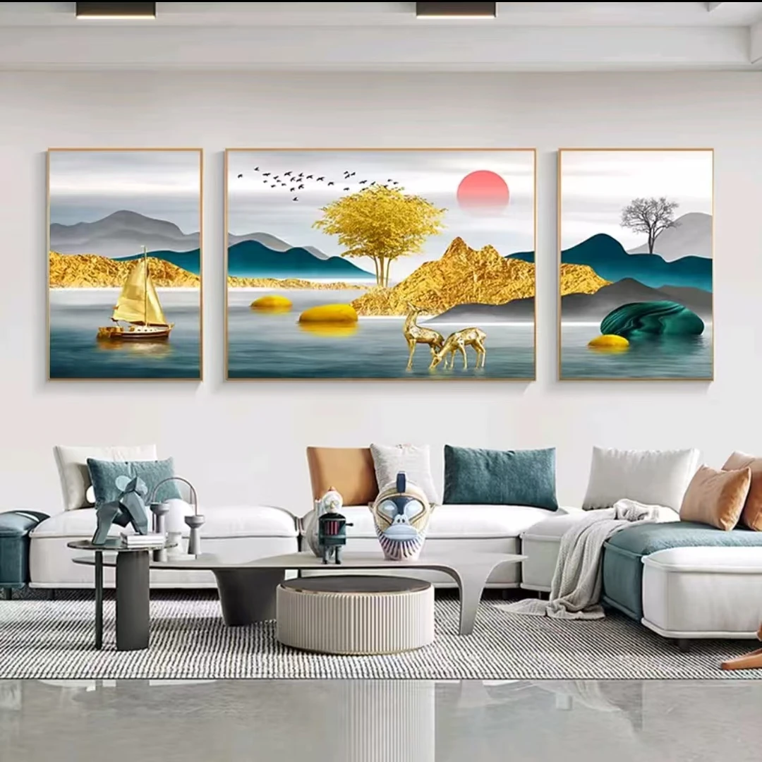 【背靠金山】客厅三联画壁画沙发背景墙山水挂画晶瓷镶钻装饰画