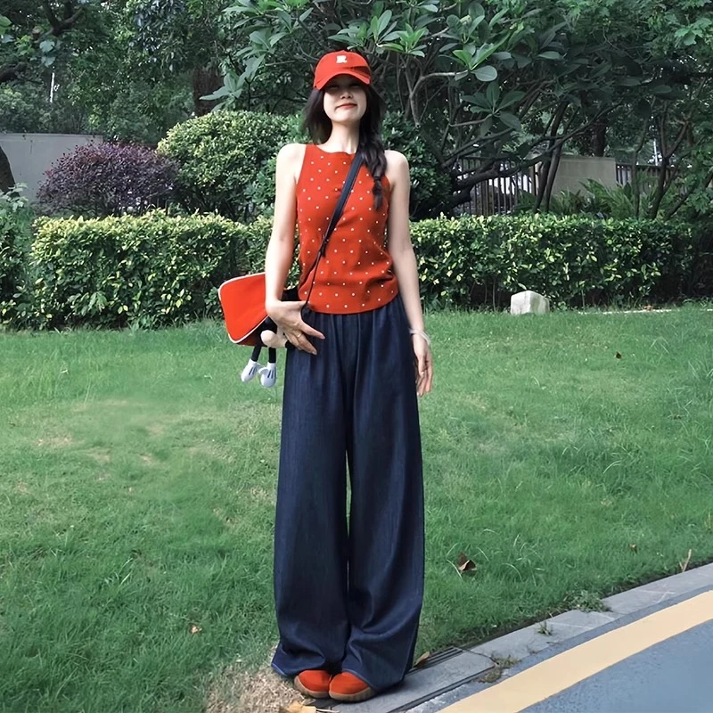 红色波点吊带背心上衣女夏季2025宽松直筒阔腿拖地裤子炸街套装