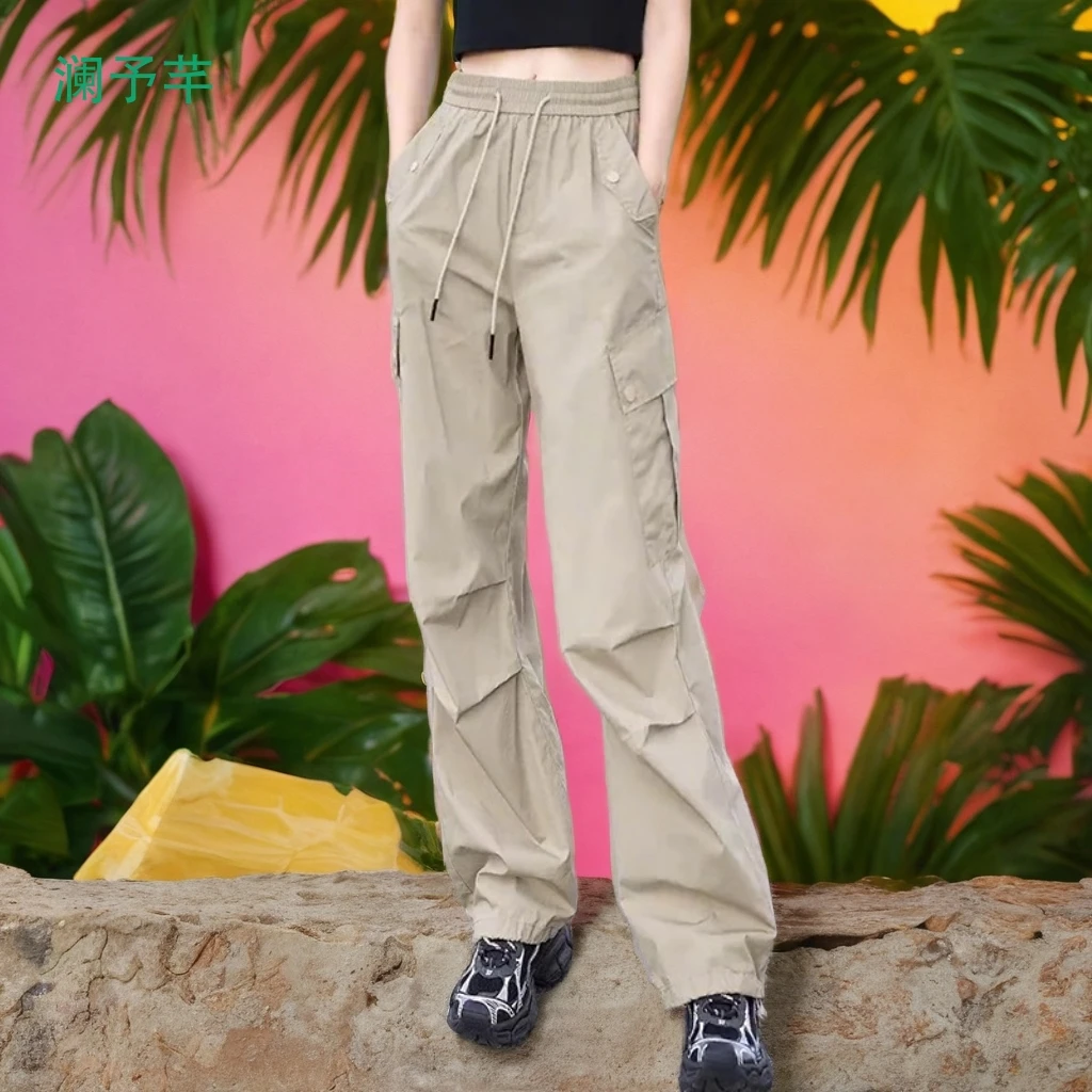 夏季2025新款美式直筒工装裤女薄款高腰宽松运动束脚休闲阔腿裤