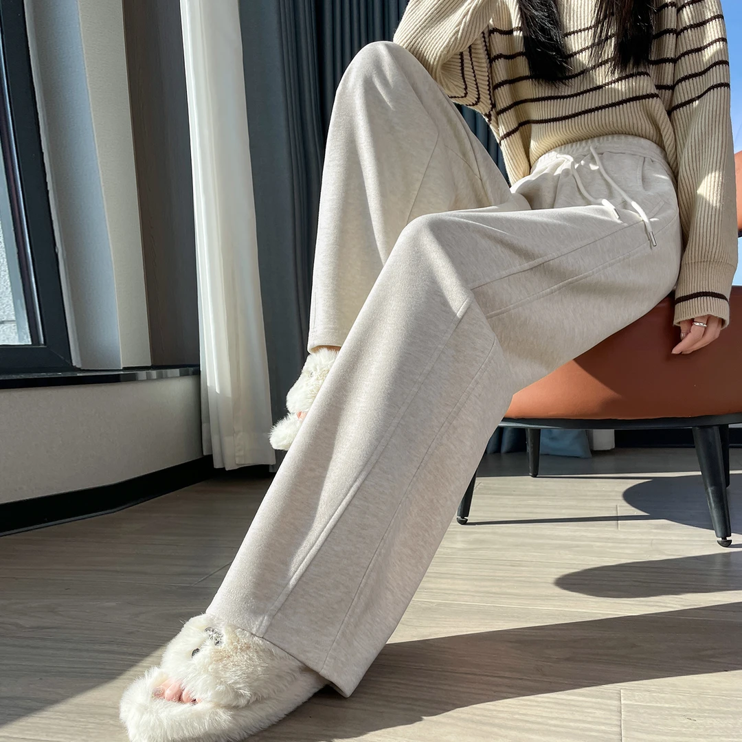 杏色毛呢阔腿裤女高腰秋冬季2025新款宽松直筒显瘦垂感弯刀拖地裤