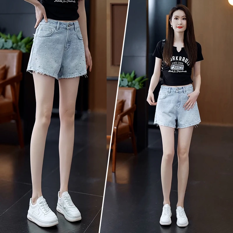 毛边烫钻牛仔短裤高腰女2025夏季新薄款宽松显瘦窄版阔腿裤小个子