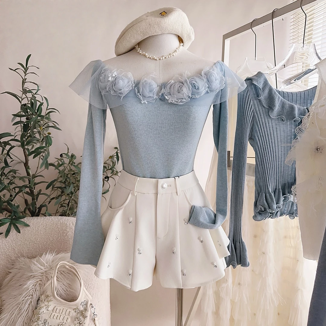 法式设计感网纱立体花朵长袖针织衫套头2025女秋季新款