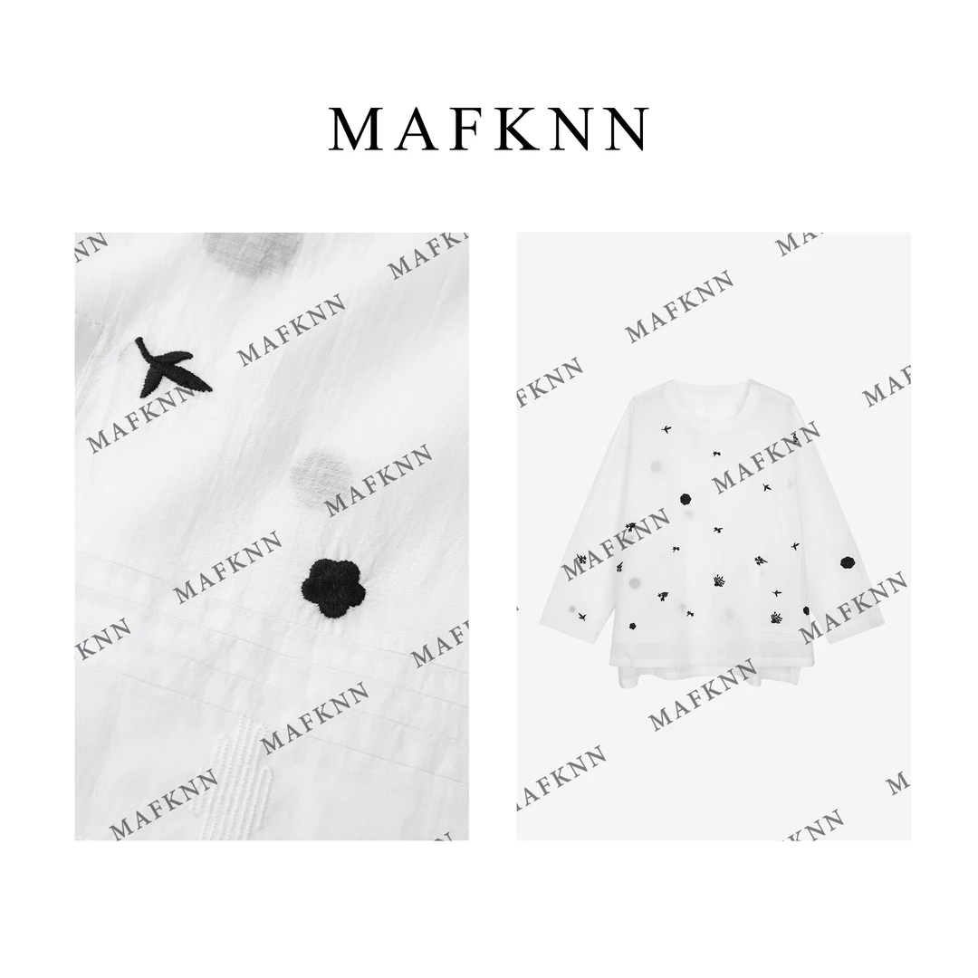 MAFKNN/玛肯时尚休闲简约纯色百搭圆领刺绣宽松长袖上衣MK12277