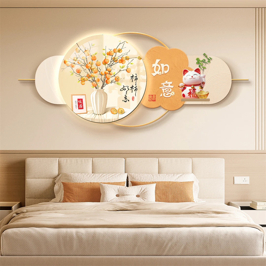 网红招财猫柿柿如意装饰画新款客厅餐厅卧室背景墙挂画创意饭厅画