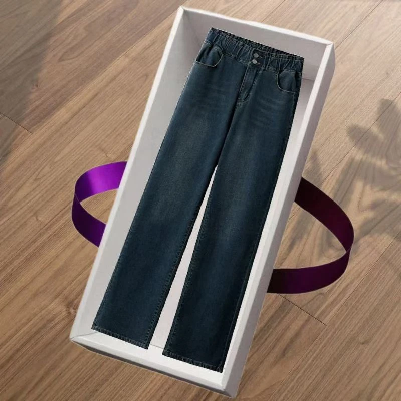 直筒高腰牛仔裤女款爆款2025春新款松紧腰弹力显瘦窄版妈妈装裤子