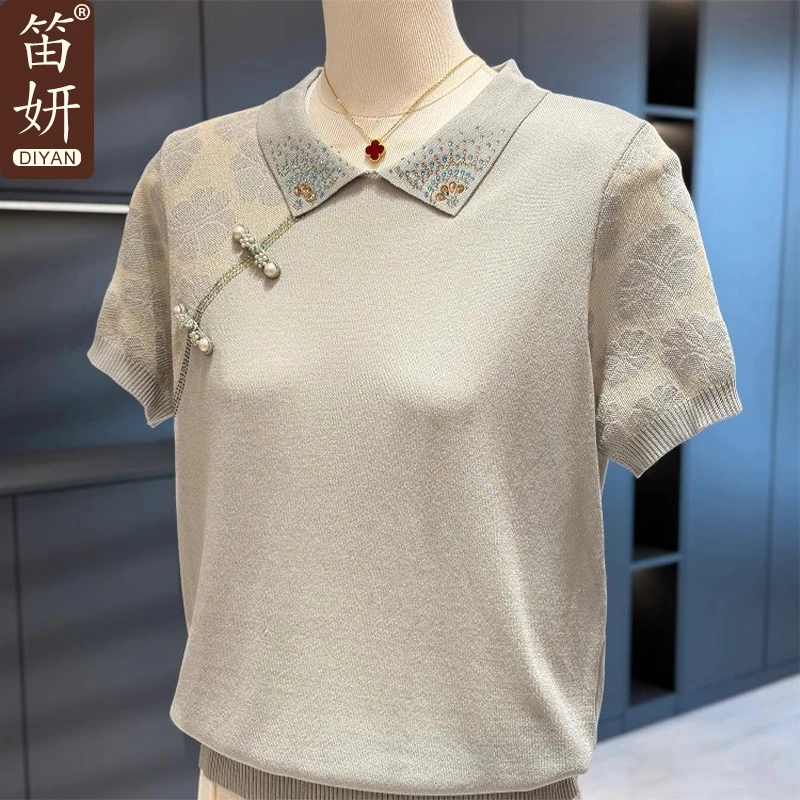 国风母亲节妈妈装针织衫女短袖夏装新款上衣减龄洋气中老年T恤衫